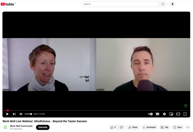 Screenshot of Work well live webinar, with guest Sarah-Jane Cullinane and webinar host.